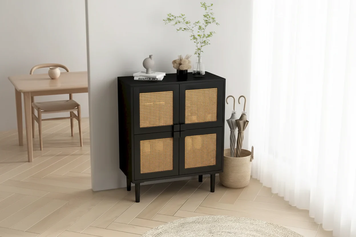 4-Doors Rattan Mesh Storage Cabinet