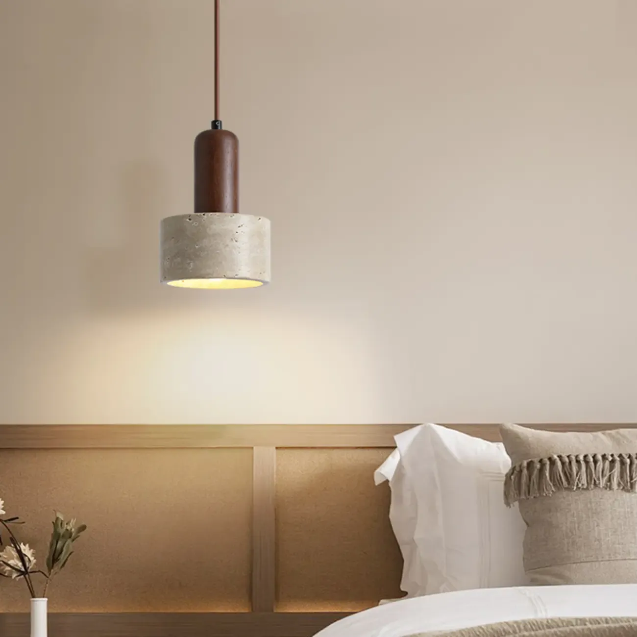 Cylinder Wood Stone Rope Bedside Pendant Light