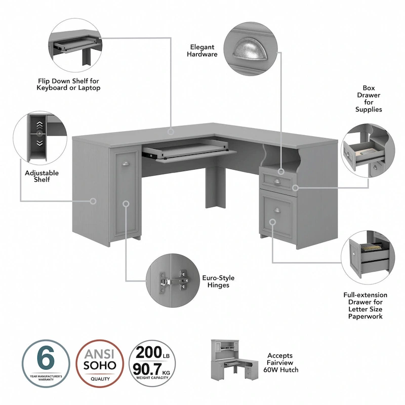 Fairview 60W L Shaped Desk with Hutch by Bush Furniture
