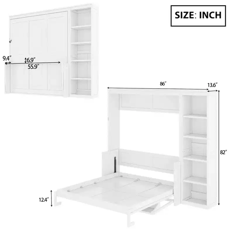 GDFStudio Ruby Space-Saving Solid Pine Wood Murphy Bed with Desk and Bookshelf