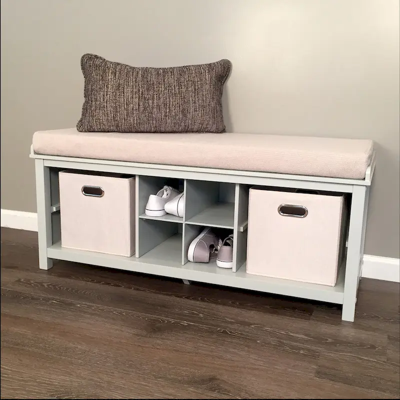 Grey Solid Wood Entryway Bench with 3 Cubbies, Shoe Divider, 2 Storage Bins & Cushion, 2-Person