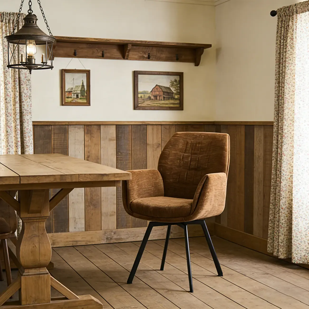 Brown Curved Back Chenille Arm Chair Dining Chairs