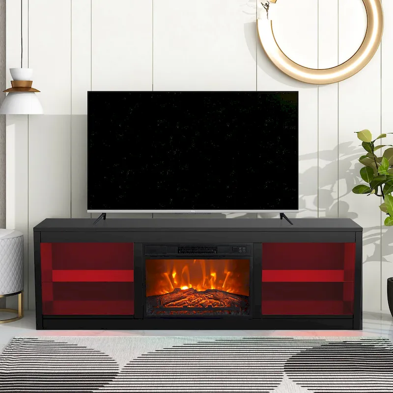 66 Modern Black Electric Fireplace TV Stands Console for 75-inch TV with Remote - 66 in console width