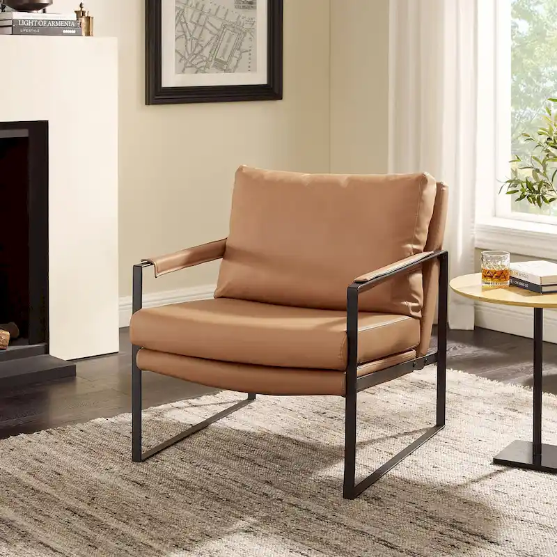 Mid-Century Leather Accent Chair, Brown/Khaki, Metal Frame, Seats 1