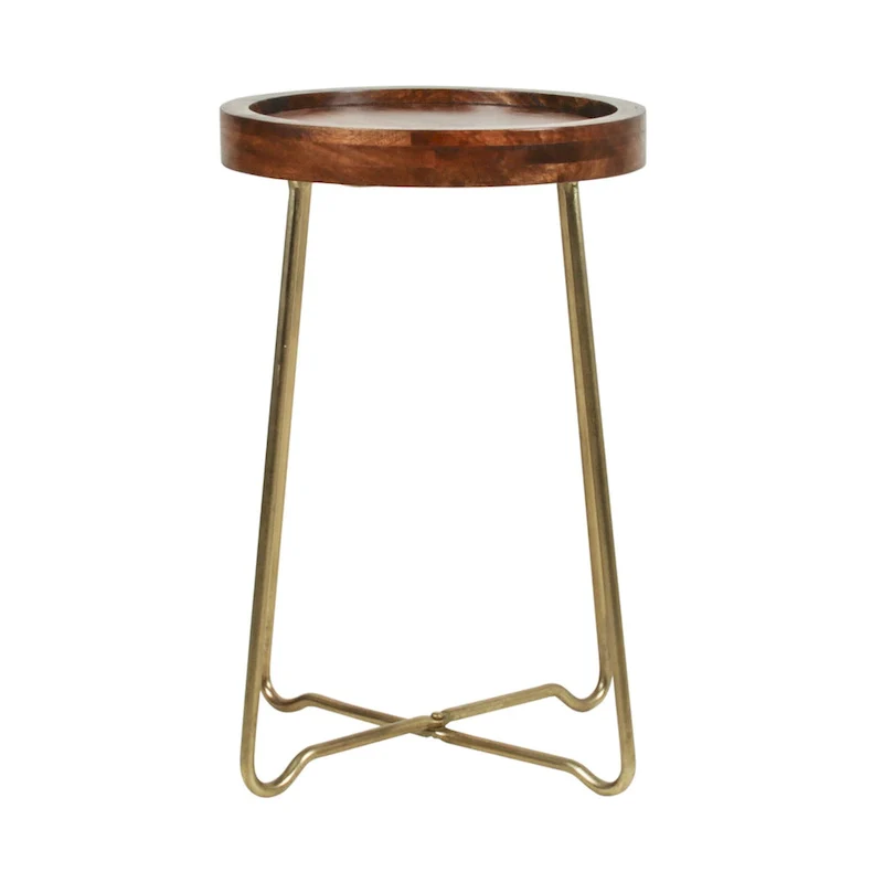 Gold Iron And Natural Wood Round Accent Table by
