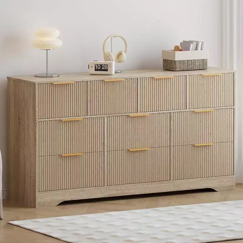 55 Fluted Dresser with Gold Handles, 10-Drawer Double Dresser Organizer, Modern Long Chest for Bedroom Closet Storage, Natural