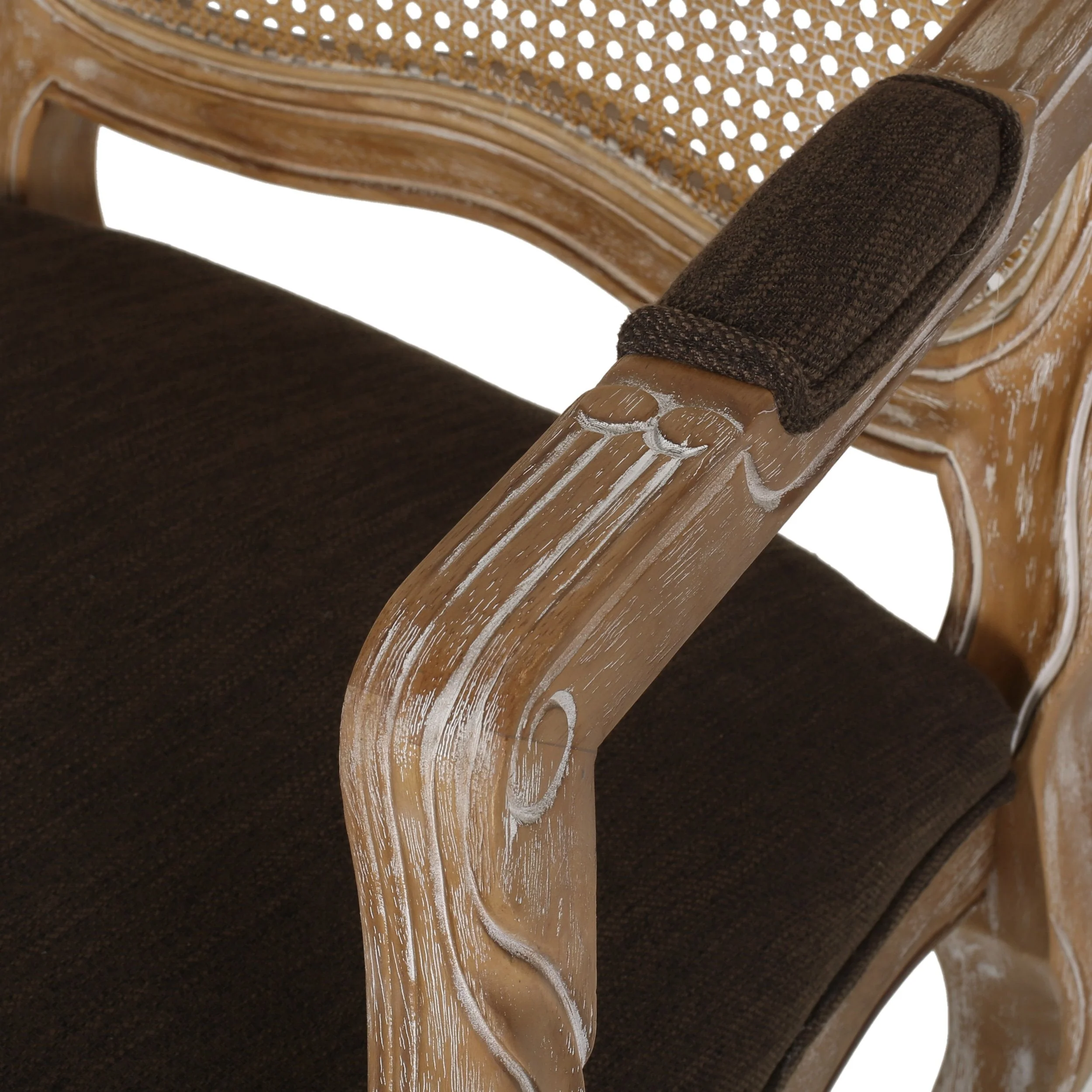 French Country Wood and Cane Upholstered Dining Armchair - NH542513