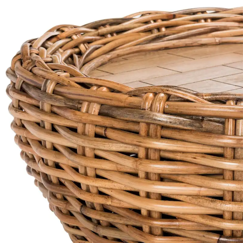 SAFAVIEH Alfia Wood Top Wicker Drum Coffee Table - 35.4 x 35.4 x 15.7 - 35Wx35Dx16H