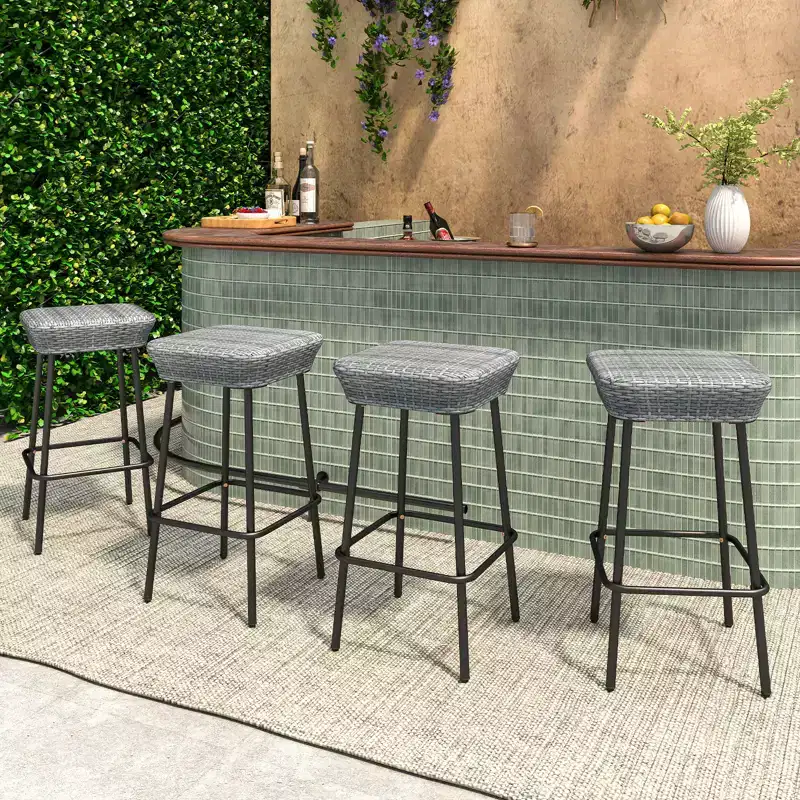 Costway 29.5 Metal Bar Height Stools Set of 4 w/ Rattan Seat & Footrest for Backyard