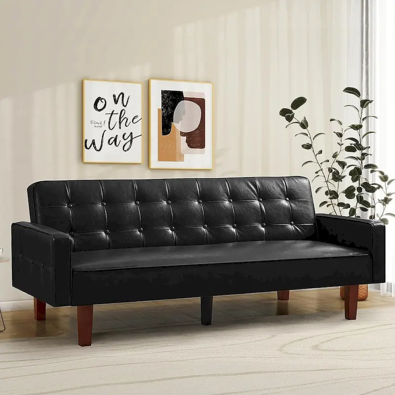 Faux Leather Futon Sofa Bed Sleeper Couch, Mid Century Button Tufted Upholstered Convertible Sofa Bed with Wooden Legs
