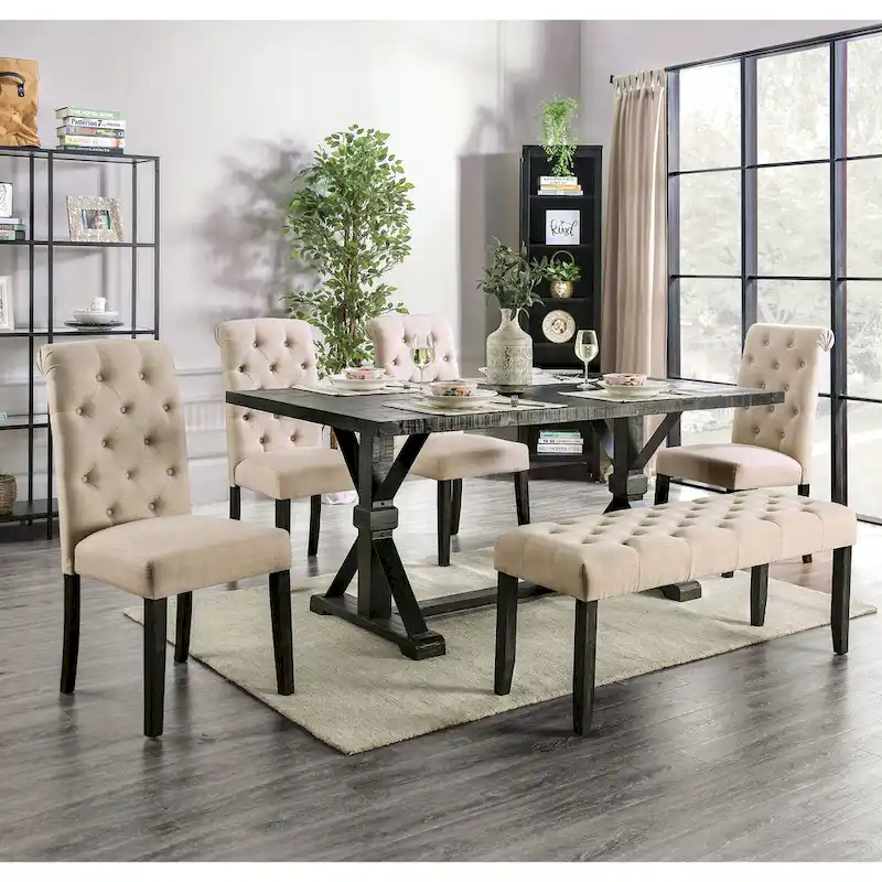Chalwa Rustic Wood Upholstered 6-Piece Dining Set with Table and 4 Chairs and 1 Bench by Copper Grove