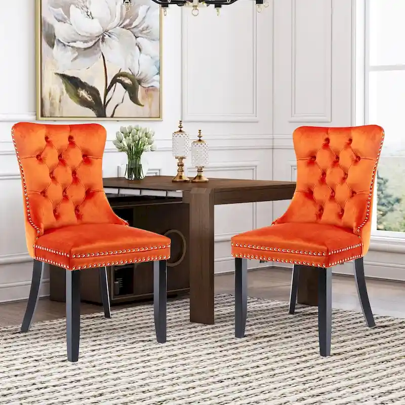 Velvet Dining Chairs Set of 2, Upholstered High-end Tufted Dining Room Chair with Nailhead Back Ring Pull Trim Solid Wood Legs