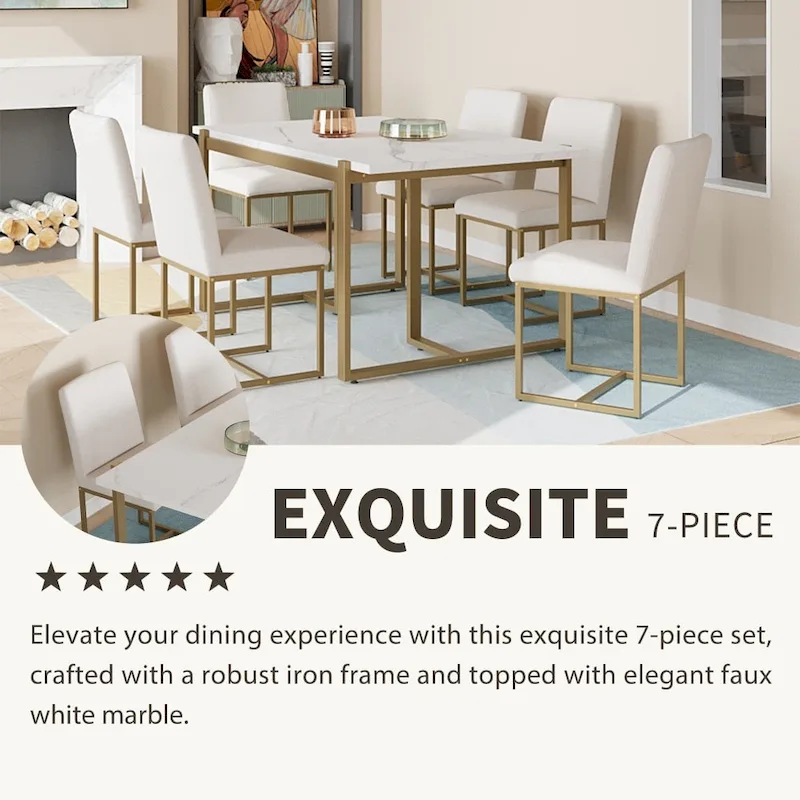 7-Piece Faux Marble Modern Dining Table Set with 6 Upholstered Chairs
