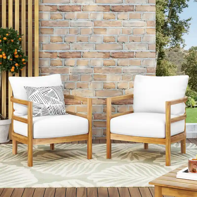 Set of 2, Outdoor Acacia Wood Patio Club Chair, Wood Patio Furniture,Waterproof Thick Cushion Deep Seating