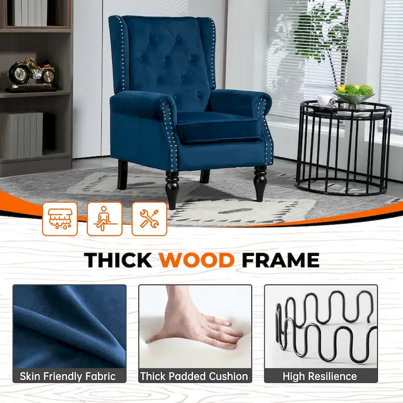 Mid-Century Velvet/Leather Upholstered Tufted Wood Frame Armchair