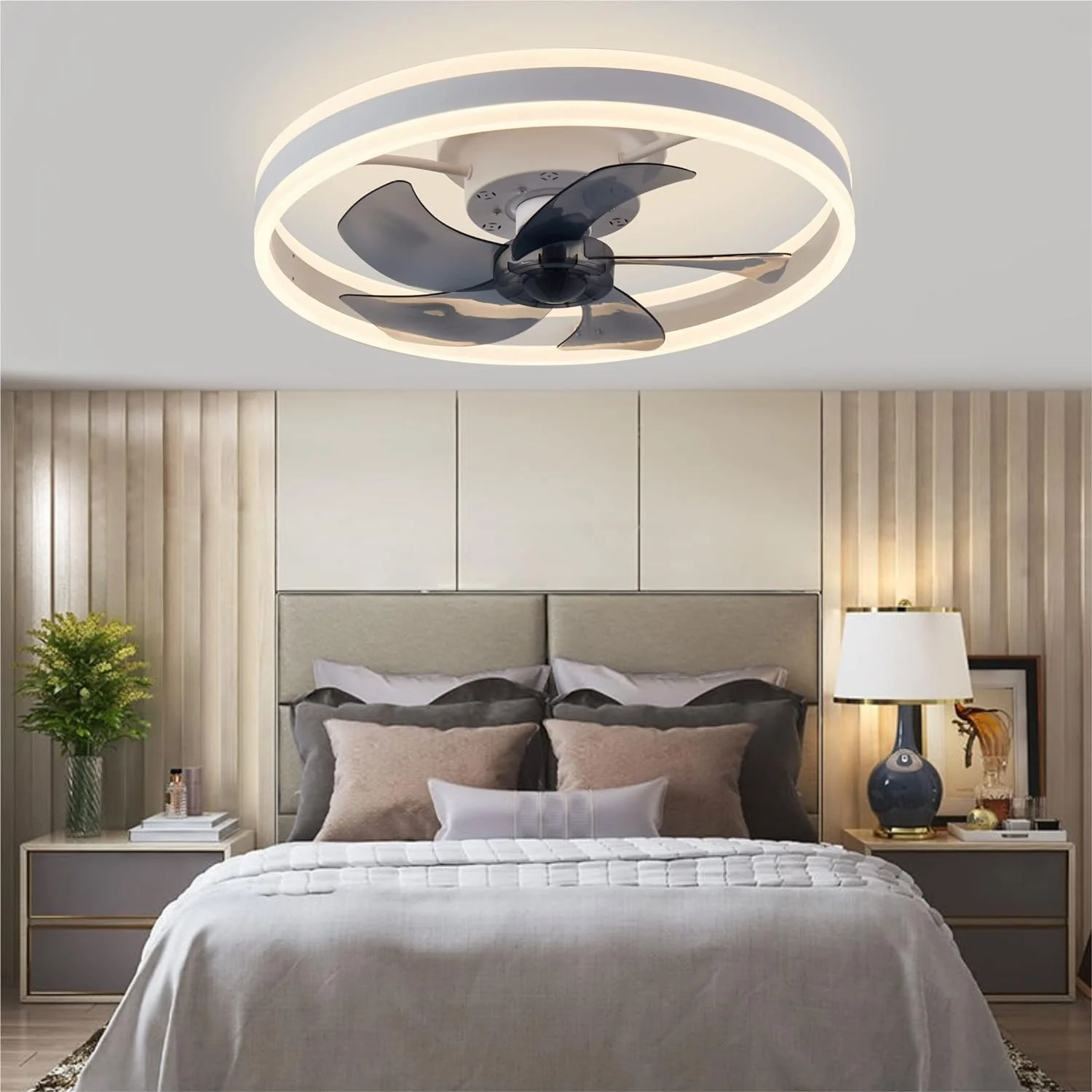 Low-profile smart ceiling fan with lights, APP control, remote compatibility, 6-speed reversible blade