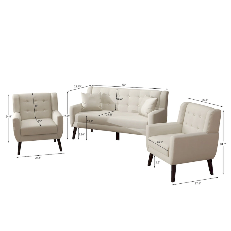 Modern Curved 63 Button Tufted Upholstered Loveseat with 2 Accent Chairs