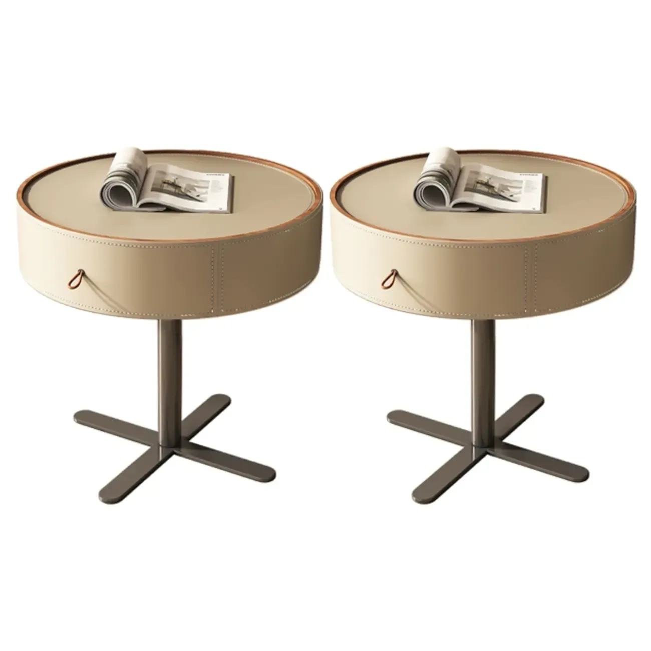 Modern Beige Faux Leather Round Metal Cross Drawer Nightstand