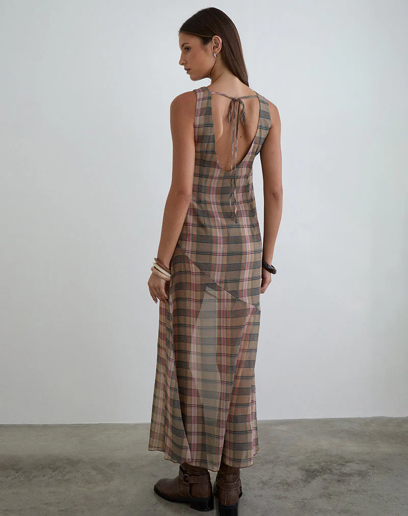 Elska Maxi Dress in Brown and Pink Blurry Check