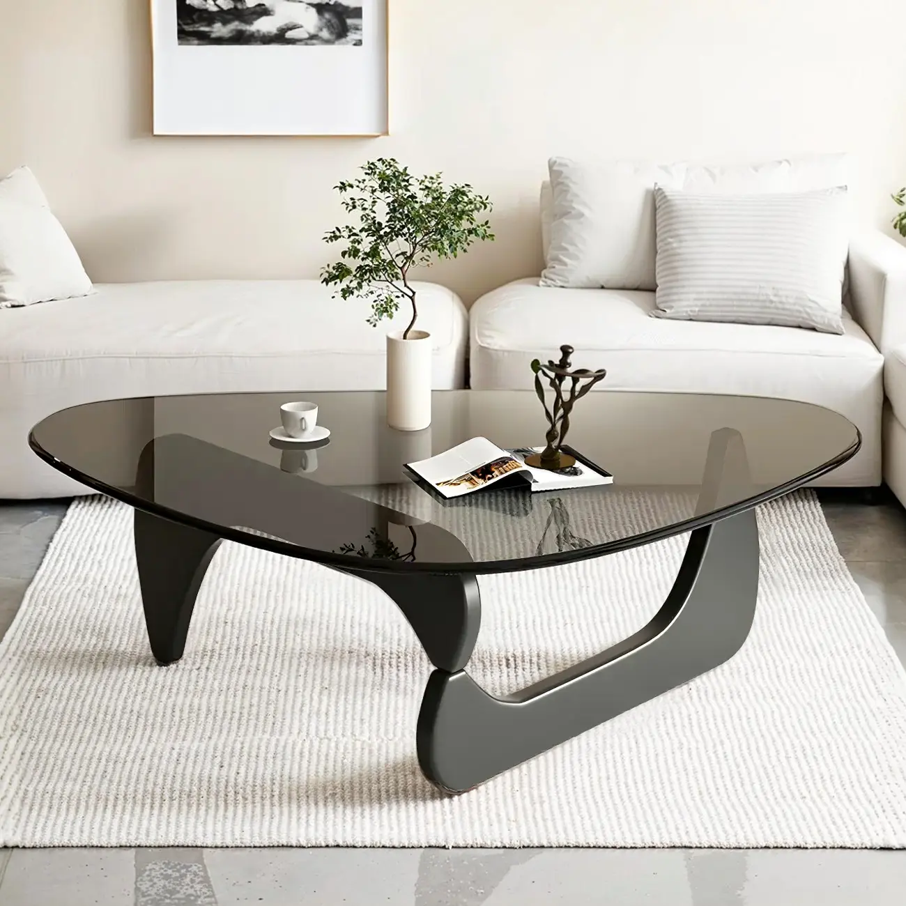 Modern Triangle Glass Coffee Table Wooden Base