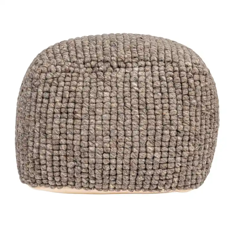 Cream/Grey/Teal Wool & Cotton Round Pouf Ottoman, 24