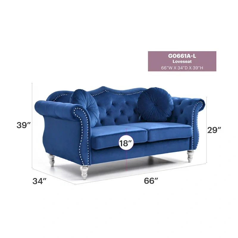 Hollywood 68 in. Velvet Chesterfield Loveseat with 2-Throw Pillow - 68L x 35W x 34H