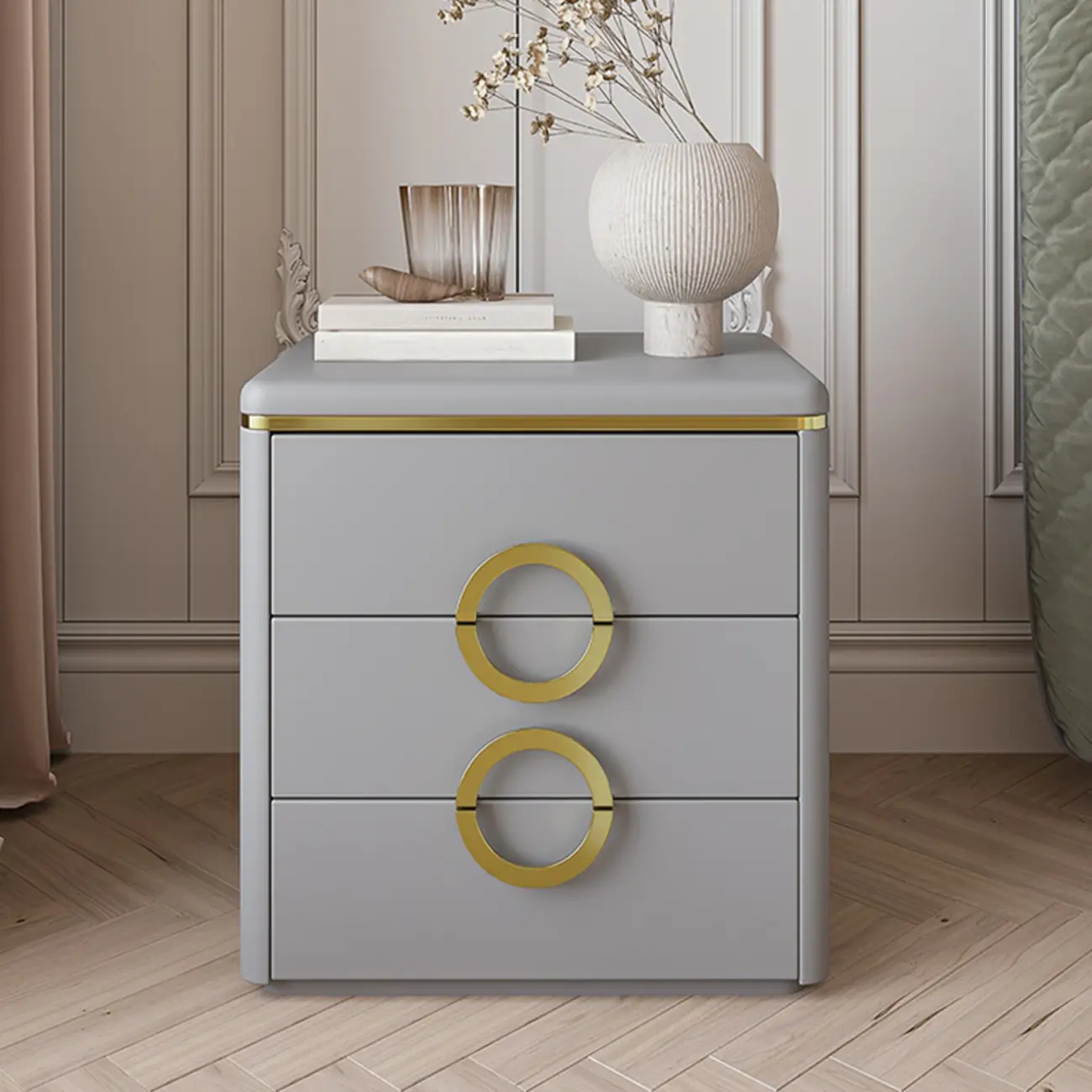 Elegant Faux Leather Metal Accent 3 Drawers Nightstand