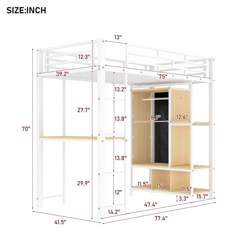 Twin Metal Loft Bed with Built-in Wardrobe & Desk