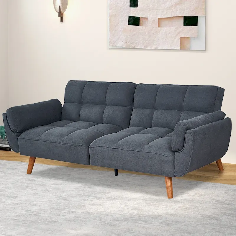 Convertible Futon Sofa Bed, Tufted Linen, Wood Legs, 3-Position Backrest, 500 lbs, Seats 2, Beige/Grey/Green/Yellow