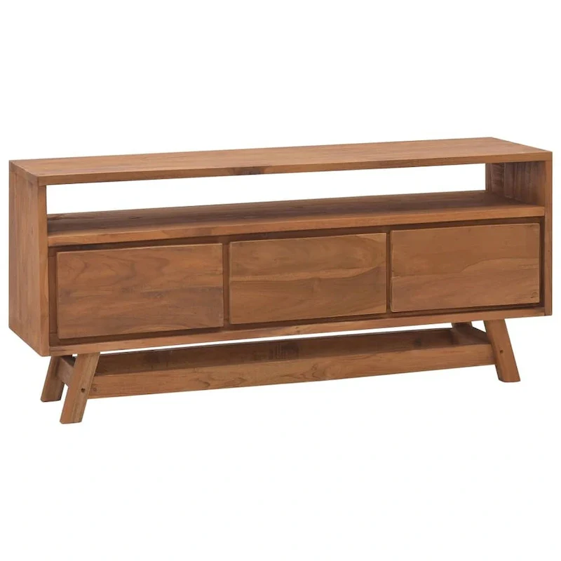 3-Drawer Solid Teak TV Cabinet – Natural Wood, Scandinavian Style