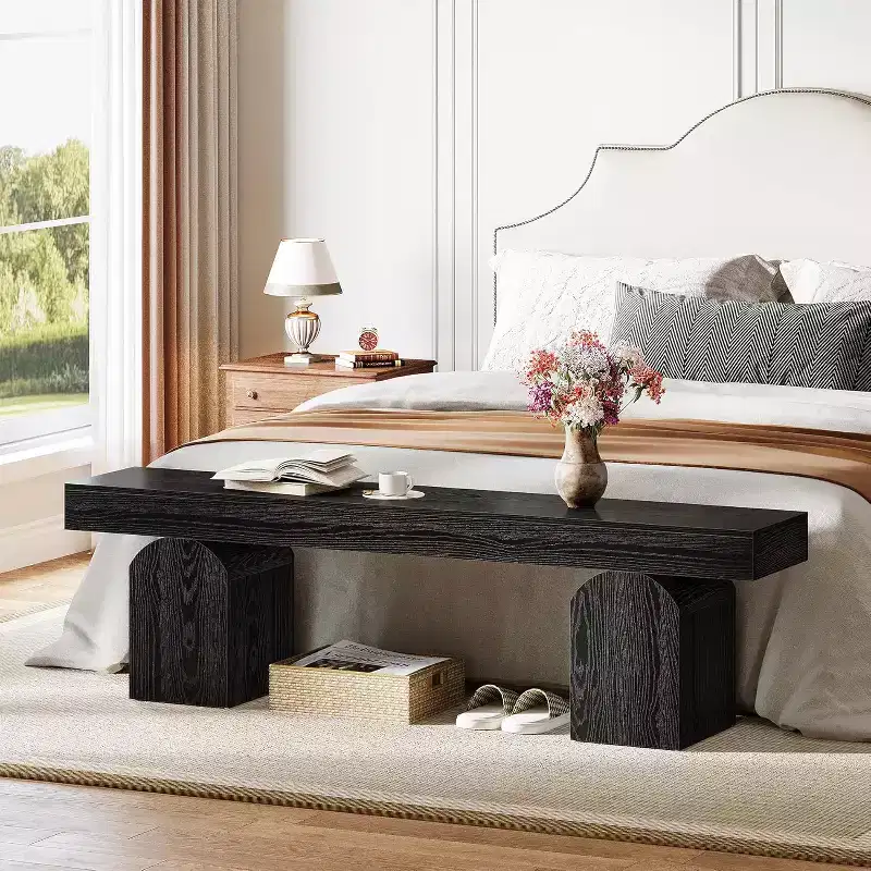 59-Inch Modern Bed Bench, Upholstered Black Bench for End of Bed, Bedroom, Living Room, Entryway