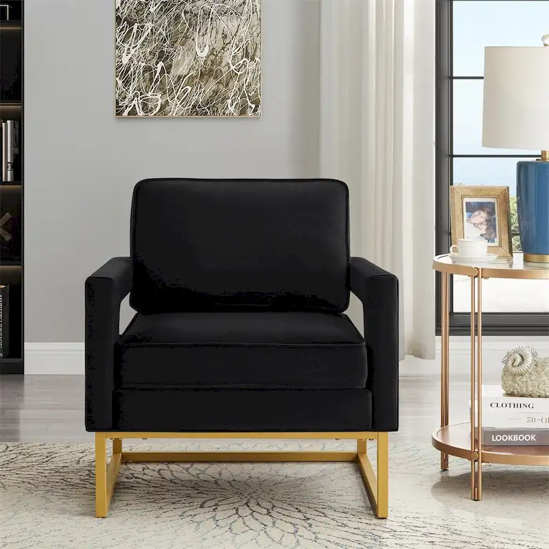 Modern Style Velvet Accent Chair with Gold Metal Base