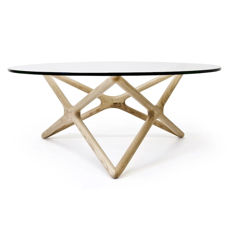 Coffee Table - 39.5 Tempered Glass Top, American Ash Wood, 6-Point Cross Base, Modern Design