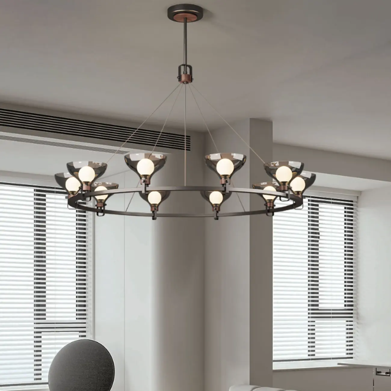 Black Industrial Metal Chandelier with Gray Glass Shade