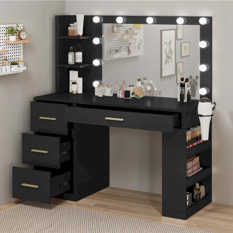 39.5W Bedroom Makeup Vanity Desk with Mirror and Power Outlets&Hairdryer Holder