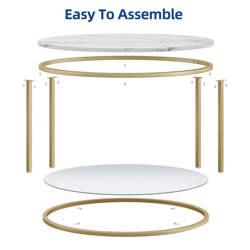 White Marble Pattern Round Coffee Table with Glass 2-Tier Circle Gold Frame