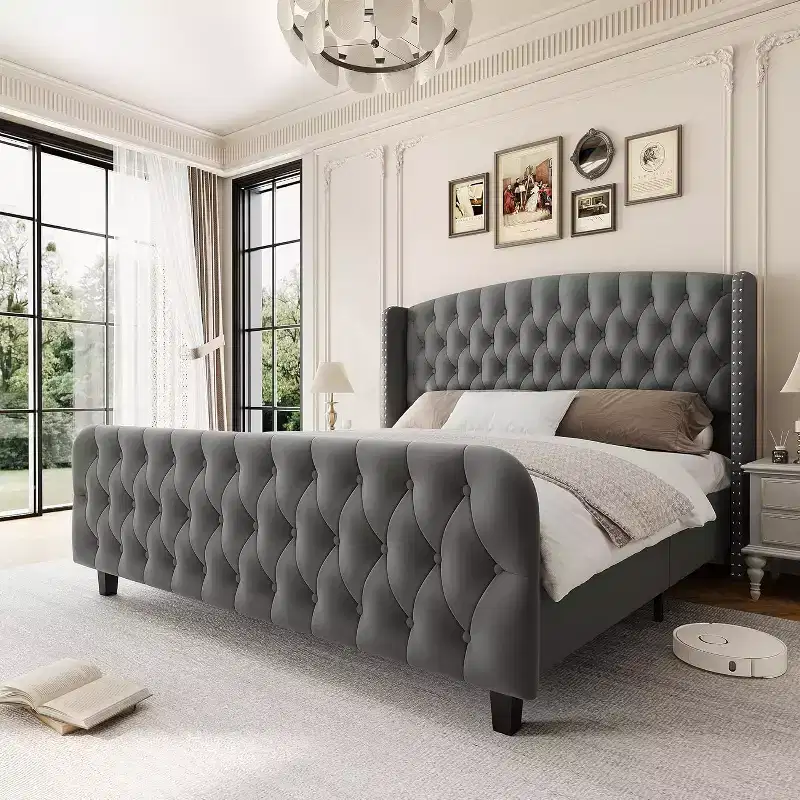 Gray Velvet Wingback Platform Bed – King, Sleeps 1