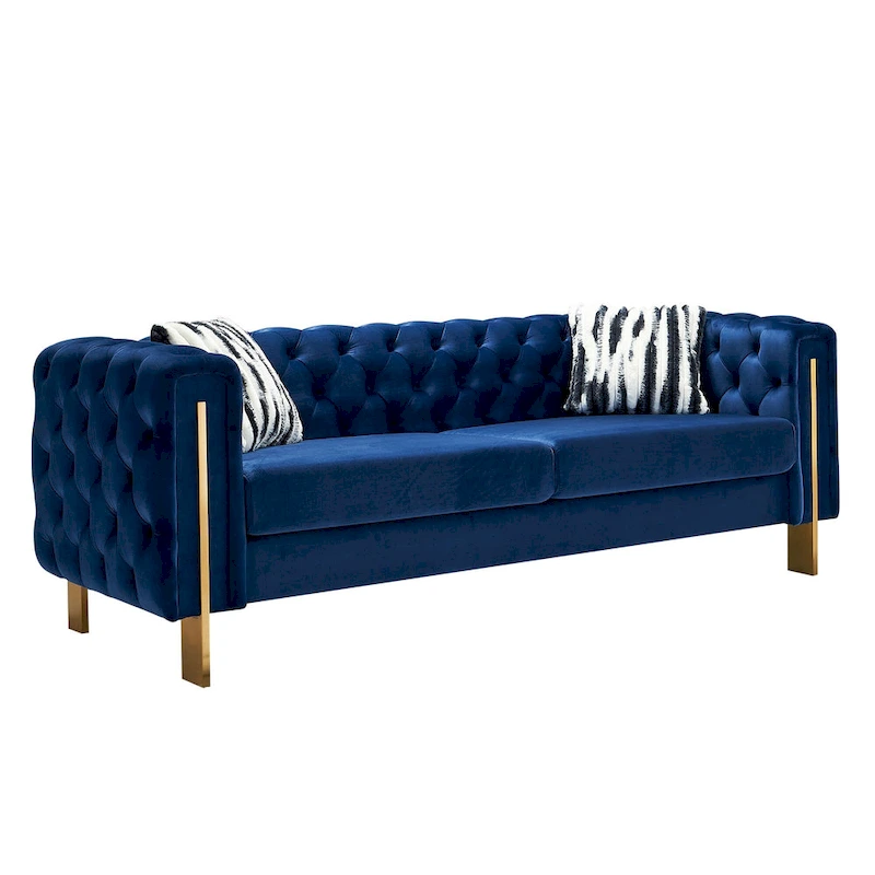 84.25 Velvet 3-Seater Sofa with Button Tufting, Gold Metal Legs, Pocket Spring And Foam Cushioning, 700 lb Capacity