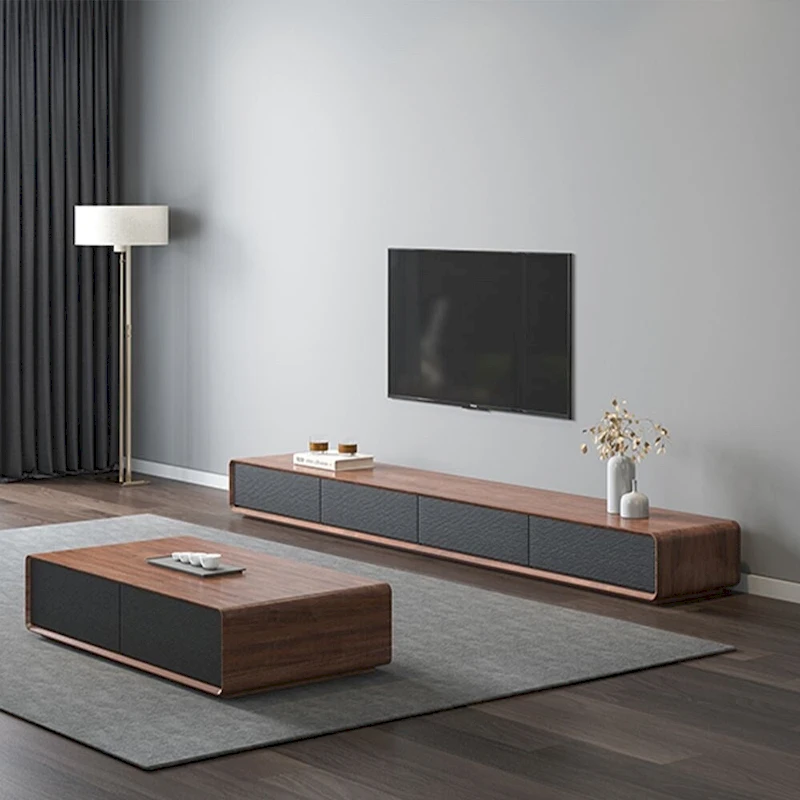 Modern Rectangular TV Stand with 4 Drawers, Wood Veneer Media Console, Walnut White, Soild Wooden, Fully-Assembled