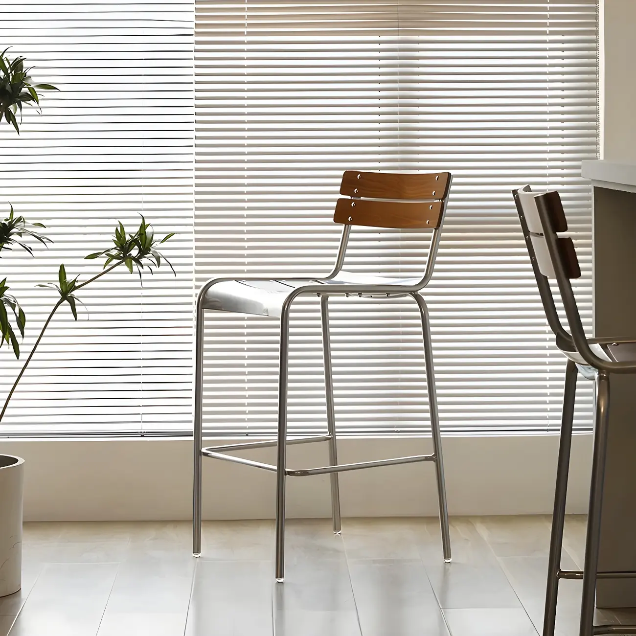 Modern Metal Frame Sleek Wood Back Stackable Bar Stool