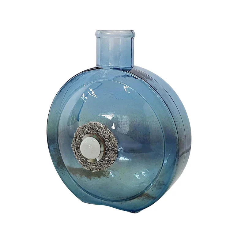 A&B Home Eliana Glass Vase with Iron and Stone Motif - Blue/Nickel