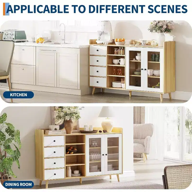 Farmhouse Coffee Bar Cabinet with Glass Doors & Open Shelves, 55