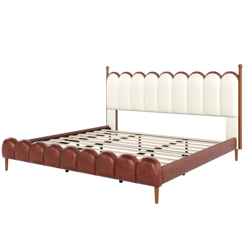 Christopher Knight Home - Leather Upholstered Bed with Headboard & Footboard, Solid Wood Slats & Legs, No Box Spring Needed