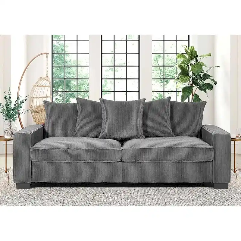 Luxe Living Room Sofa with 5 Complementary Toss Pillows Soft Corduroy Upholstery Streamlined Large