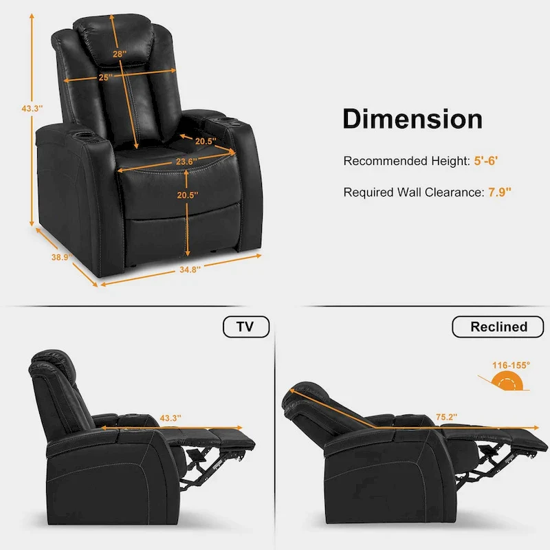 MCombo Power Recliner Chair, Home Theater Seating with Adjustable Headrest and Tray Table, Breathable Leather HTS422