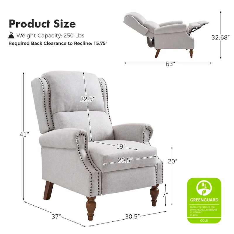 Traditional Roll Arm Manual Recliner with Solid Wood Legs