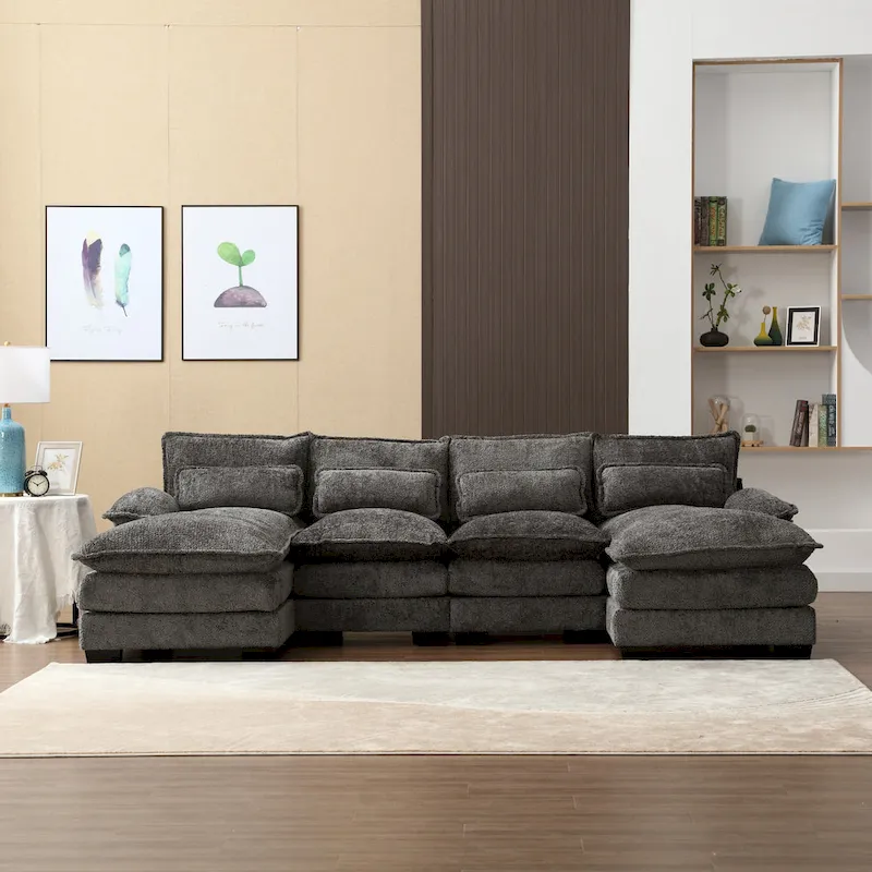 110.63 Modern U-Shaped Chenille 4 Seater Sectional Sofa with Double Cushions, 2 Chaise and High-Density Foam