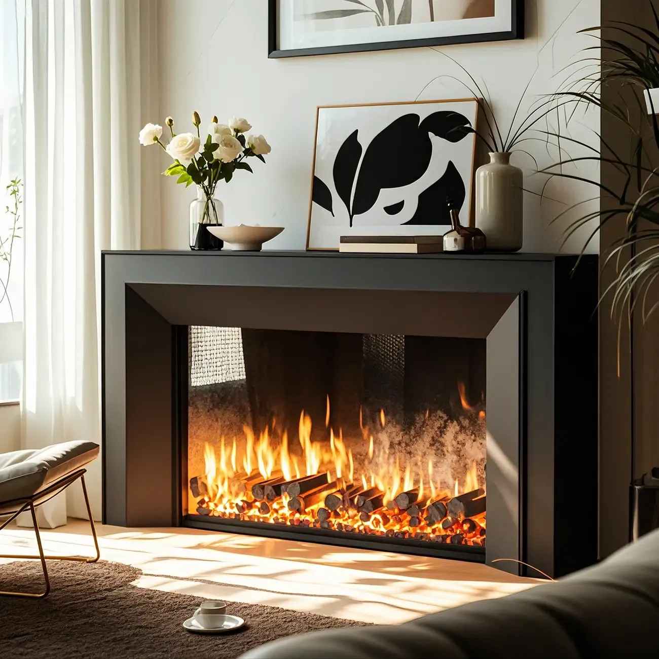 Rectangle White Solid Wood TV Stand with Fireplace & Lights