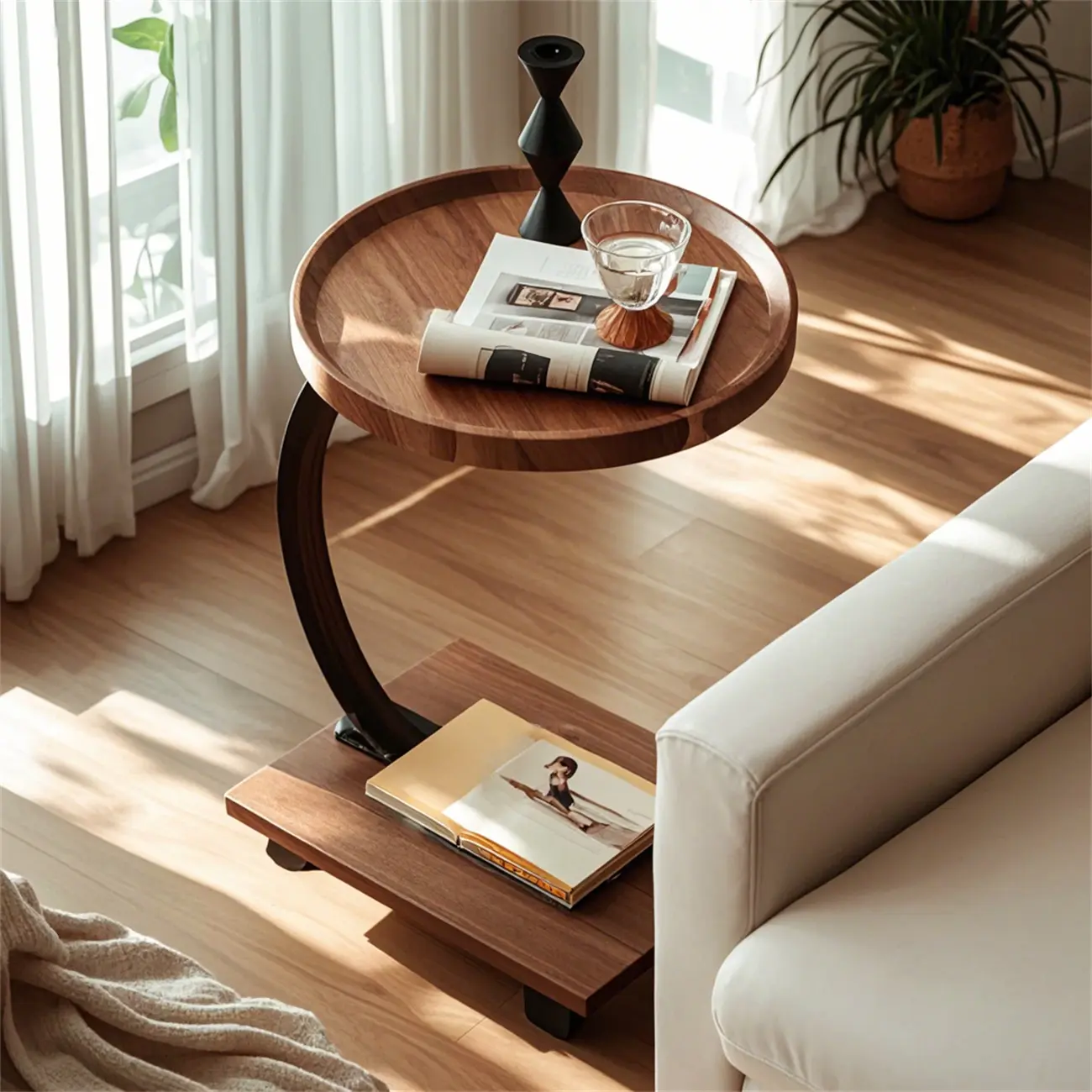 Wooden Round C-Shaped Side Table with Swivel Wheels