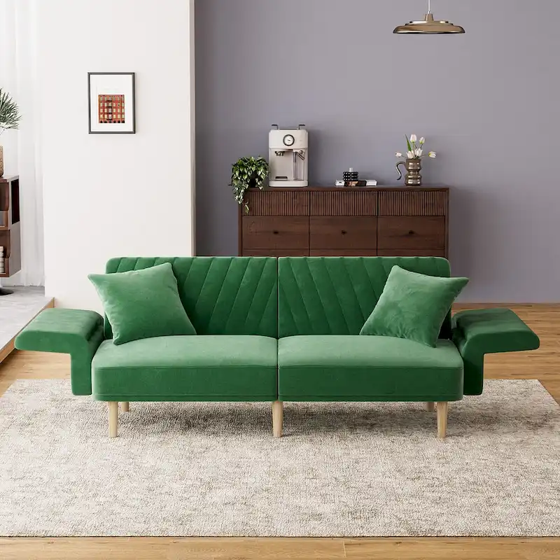 Ouyessir Upholstered Tufted Convertible Futon Sofa Bed with Foldable Armrest